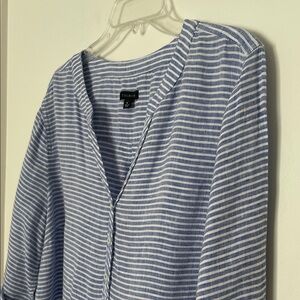 Talbots 100% Linen Blue Stripe V-Neck Popover Tunic Top size XL